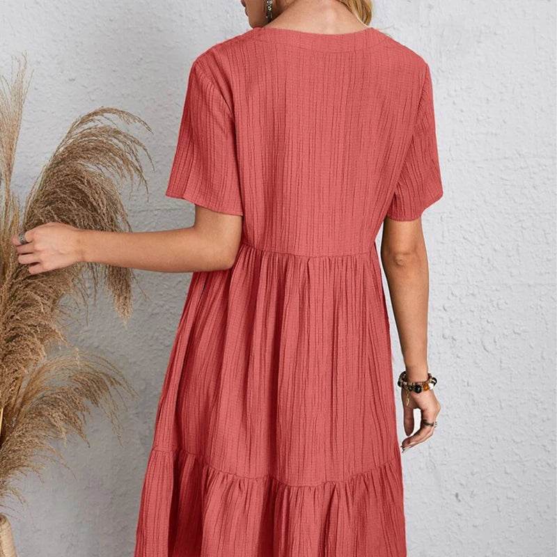 Women Mini Dress Summer Casual Solid V Neck Ruffles A-line Dress Female Fashion Holiday Boho Loose Beach Elegant Dresses Vestido - AIAZ