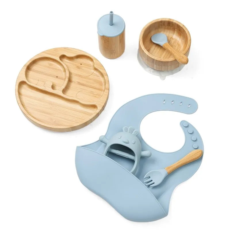 Wooden Dinner Plate Feeding Supplies Bamboo Baby Tableware Silicone Suction Plate Bowl BPA Free Baby Stuff Newborn Accessories