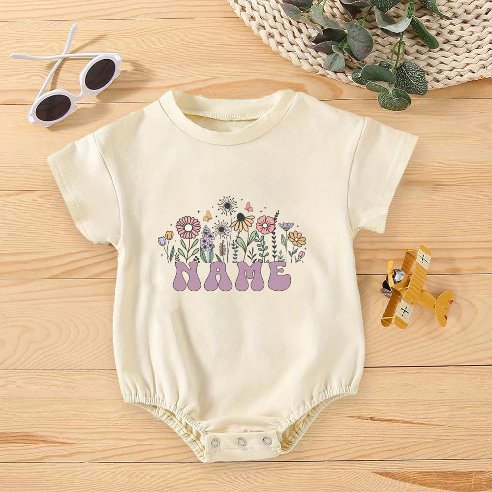 Personalised Flower with Name Bubble Romper Infant Summer Clothes Baby Oversized Bodysuit Retro Newborn Short Sleeve Jumpsuit