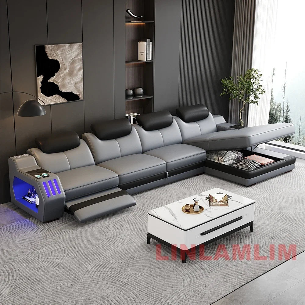 Modern L-Shaped Sectional Sofa Bed with Adjustable Headrests & LED Lights, Genuine Leather Recliner Couch with Storage & USB