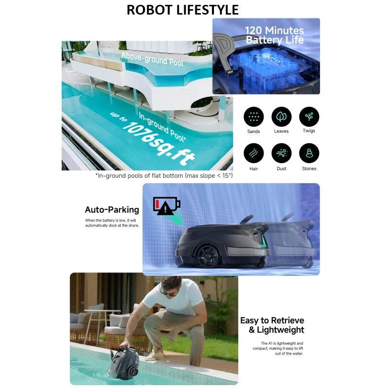 Swimming Pools Vacuum Cleaner Wireless for Floor Smart Cleaning Robot Auto-Parking Dual-layer Filtration120mins Running Time - AIAZ