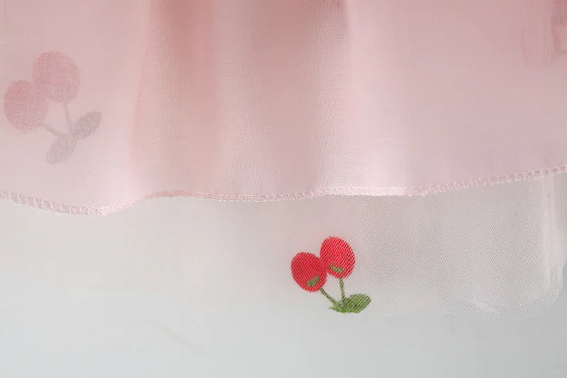 Summer Girl Dress Denim Fly Sleeved Bow Cute Cherry Colored Mesh Princess Dress Suitable for Babies Aged 0-3
