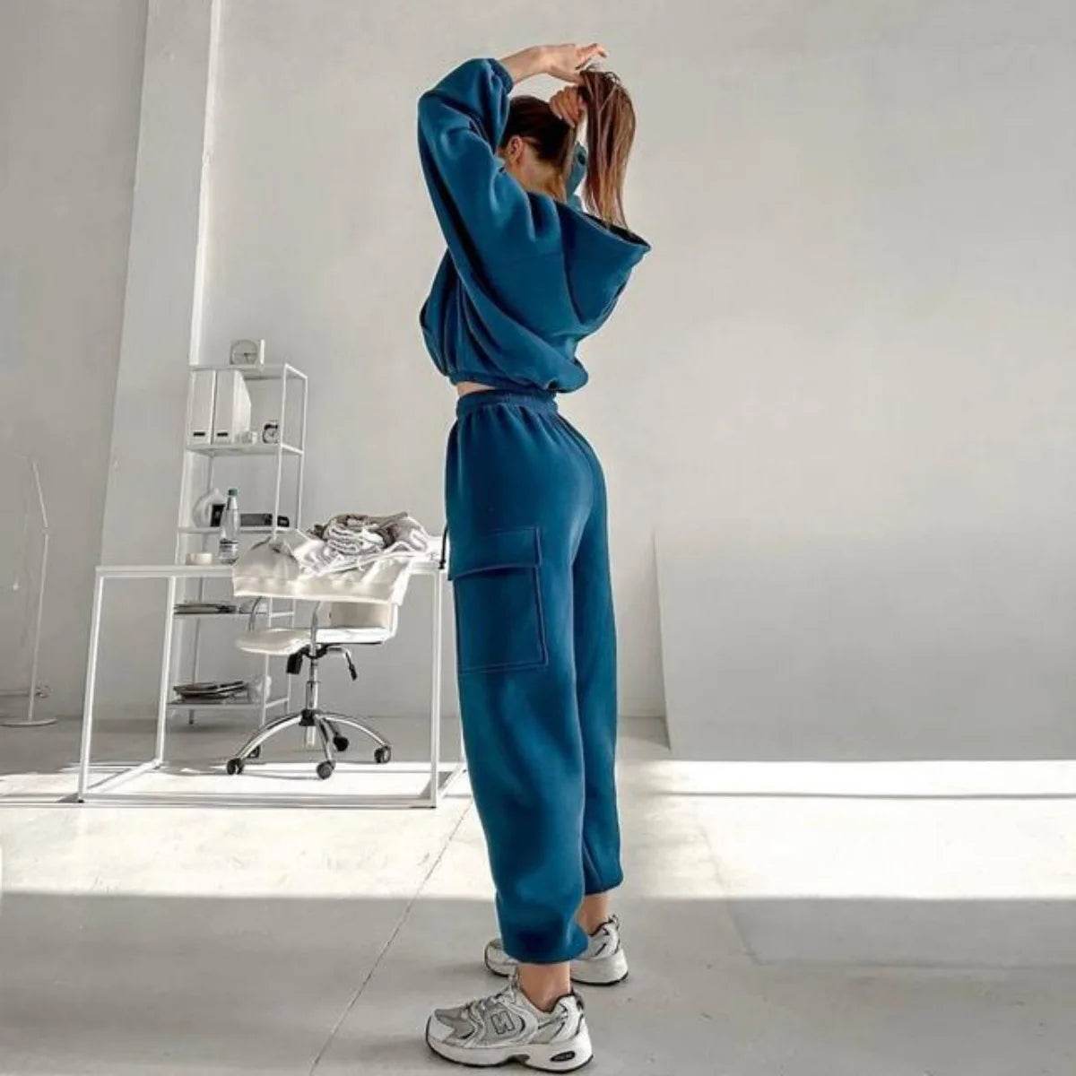 Hoodies Suit Winter Autumn Solid Casual Tracksuit Women Fleece 2 Pieces Set Sports Sweatshirts Pullover Jogger Sweatpants Outfit - AIAZ