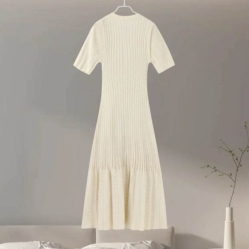 Elegant Knit Dress For Women White Slim O-neck Single Breasted Short Sleeve Long Dresses Female 2025 Spring Fashion Lady Robe - AIAZ