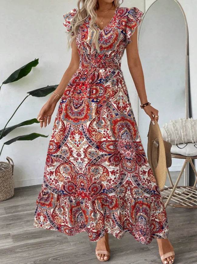 new dresses 2025 woman vestidos para mujer vintage dress Printed V-neck fashion dress Loose ruffle long dresses - AIAZ