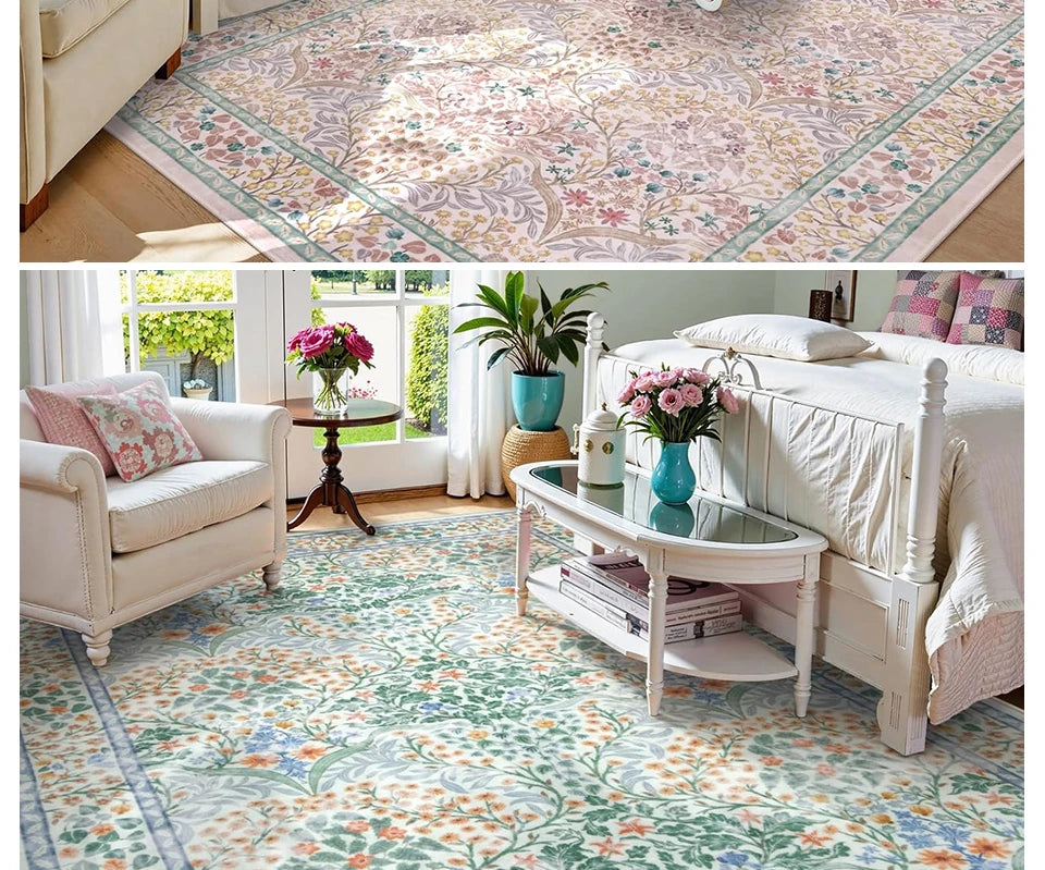 Pink Living Room Carpet Large Machine Washable Carpets Bedroom Bedside Floor Mat Home Decoration Bohemian Flower Non-Slip Rug 카펫