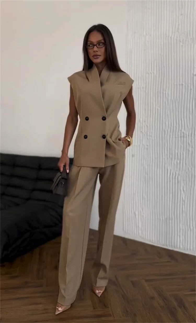 Street Slim Vest Pant Outfit Spring Women Sleeveless Double Breasted Tank Top+High Waist Zip Wide Leg Pants Summer Two Piece Set