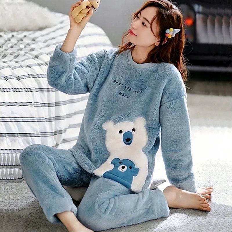 Women Pajamas Autumn Winter Flannel Warm Woman Sleepwear Korean cute Cartoon Pajama Set Fashion Pijama Mujer Home Cloth Pyjamas - AIAZ