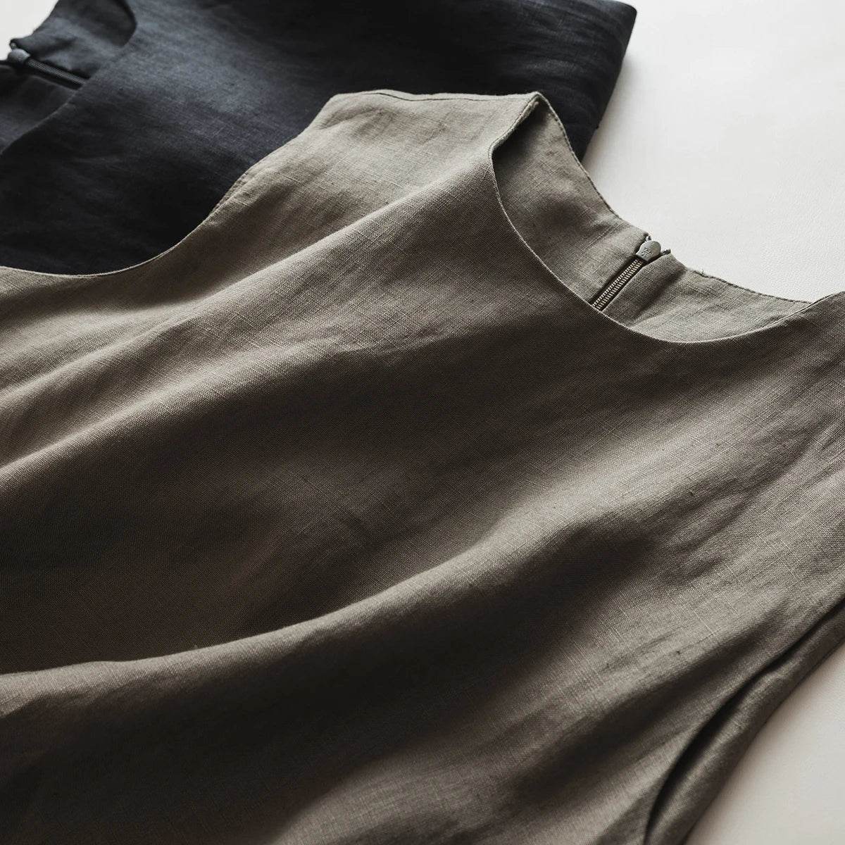 Linen Cotton Sleeveless Long Dress Vintage Slimming A Line Dress For Women Summer Solid O Neck Tank Robe Casual Clothes X1399 - AIAZ