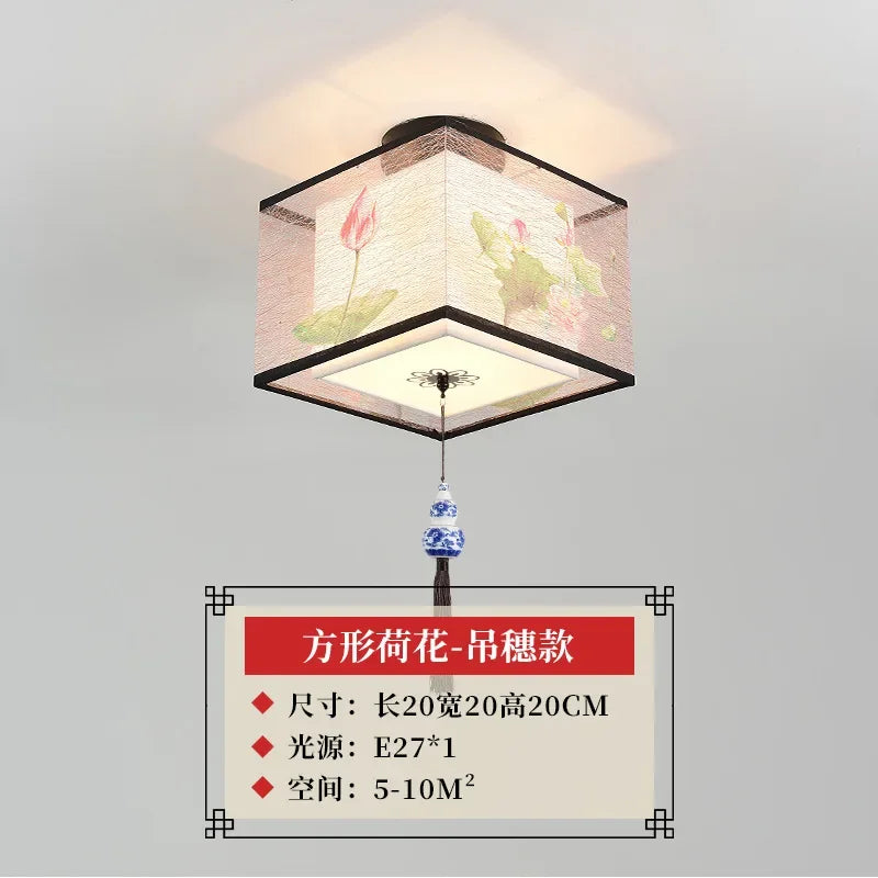 New Chinese Chandelier Lustre Ceiling Lamp Simple Corridor Chinese Painting Ceiling Lights Creative Suspendu Lotus Led Lighting
