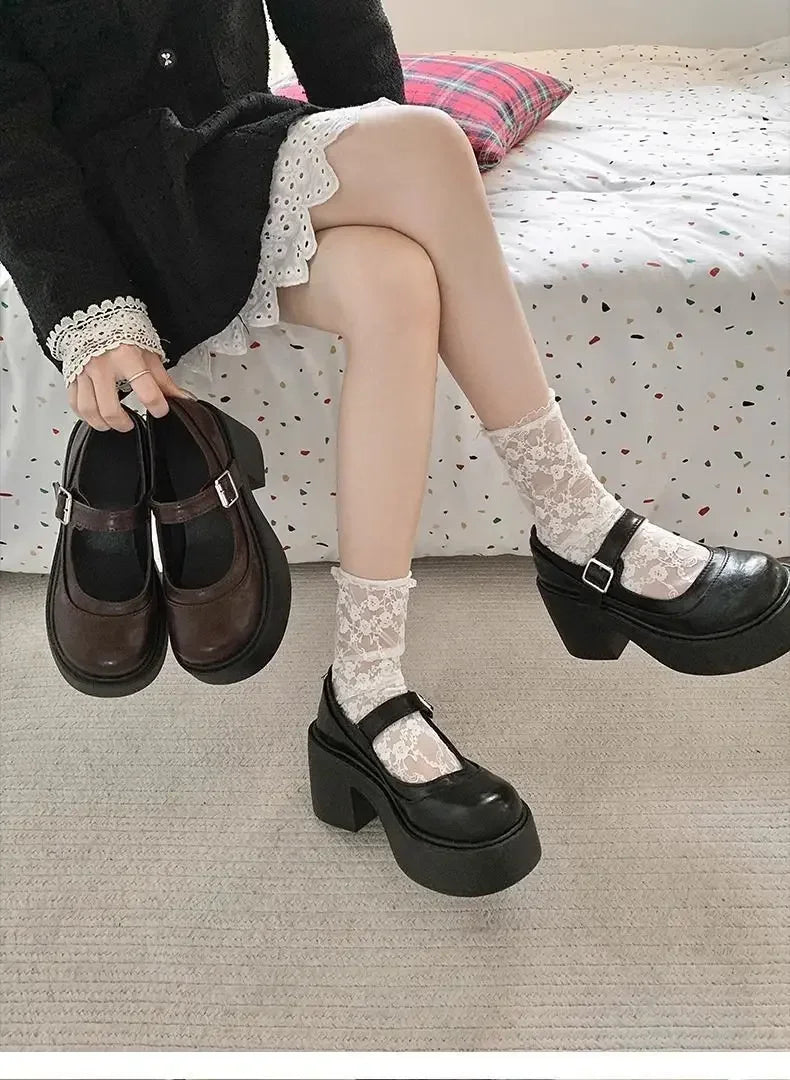 Brown Retro French Thick Heel Mary Janes Women's Shoes Spring 2025 New Style Heightening Flat Mouth High Heels Loafers Shoes