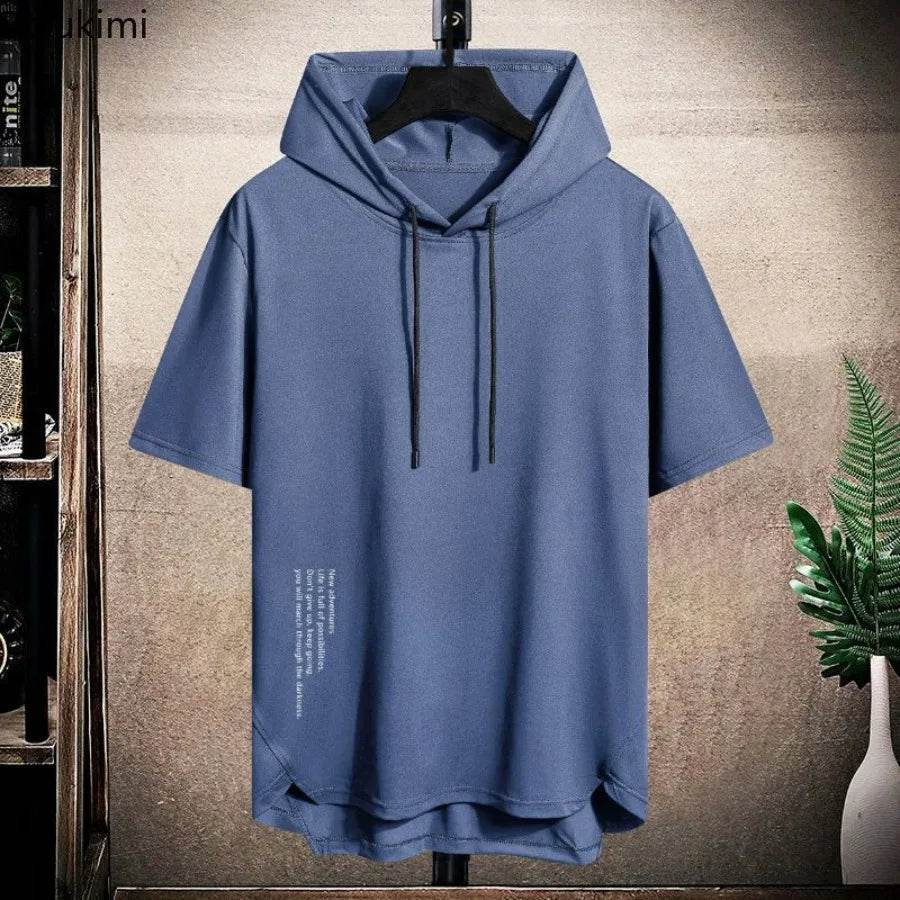 2025 Men's Summer Hoodies T-shirts Short Sleeve Solid Color Loose Hooded Drawstring Pullover Tops Basic Tees for Daily Wear Male - AIAZ