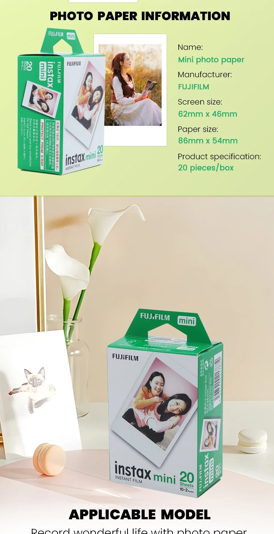 Fujifilm Instax Mini Film White Edge 3 inch Paper for Fuji Instant Film Camera Mini 12 11 9 8 40 70 90 Link 2 EVO 10-100 Sheets