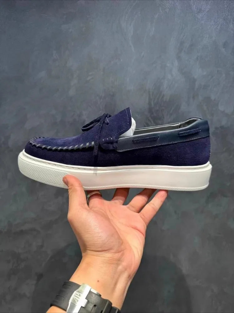 Fashion Mens Lace Up Slip On Loafers Thick Platform Real Suede Leather Business Casual Shoes Round Toe Comfortable Driving Shoes