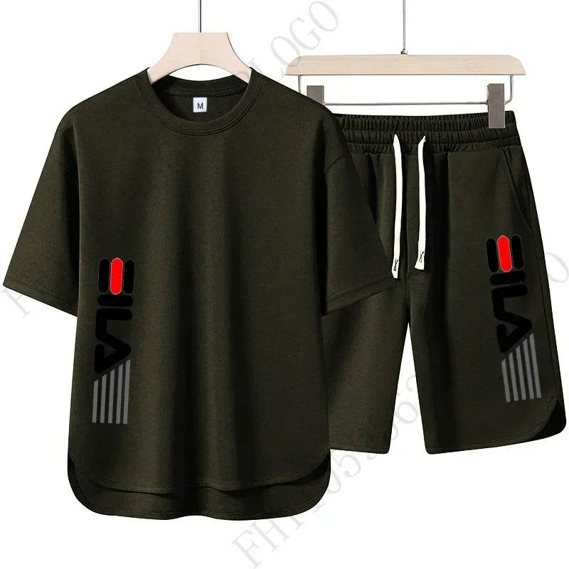 New 2025 summer men's casual round-neck T-shirt and shorts two-piece fashionable printed breathable men's short-sleeved suit - AIAZ