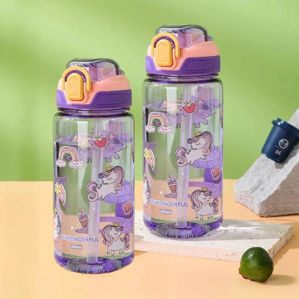 600ml Cartoon Animal Water Bottle Portable Safety Lock Cute Straw Cup Kids Leak-proof Drinking Jug For Outdoor Camping Travel - AIAZ