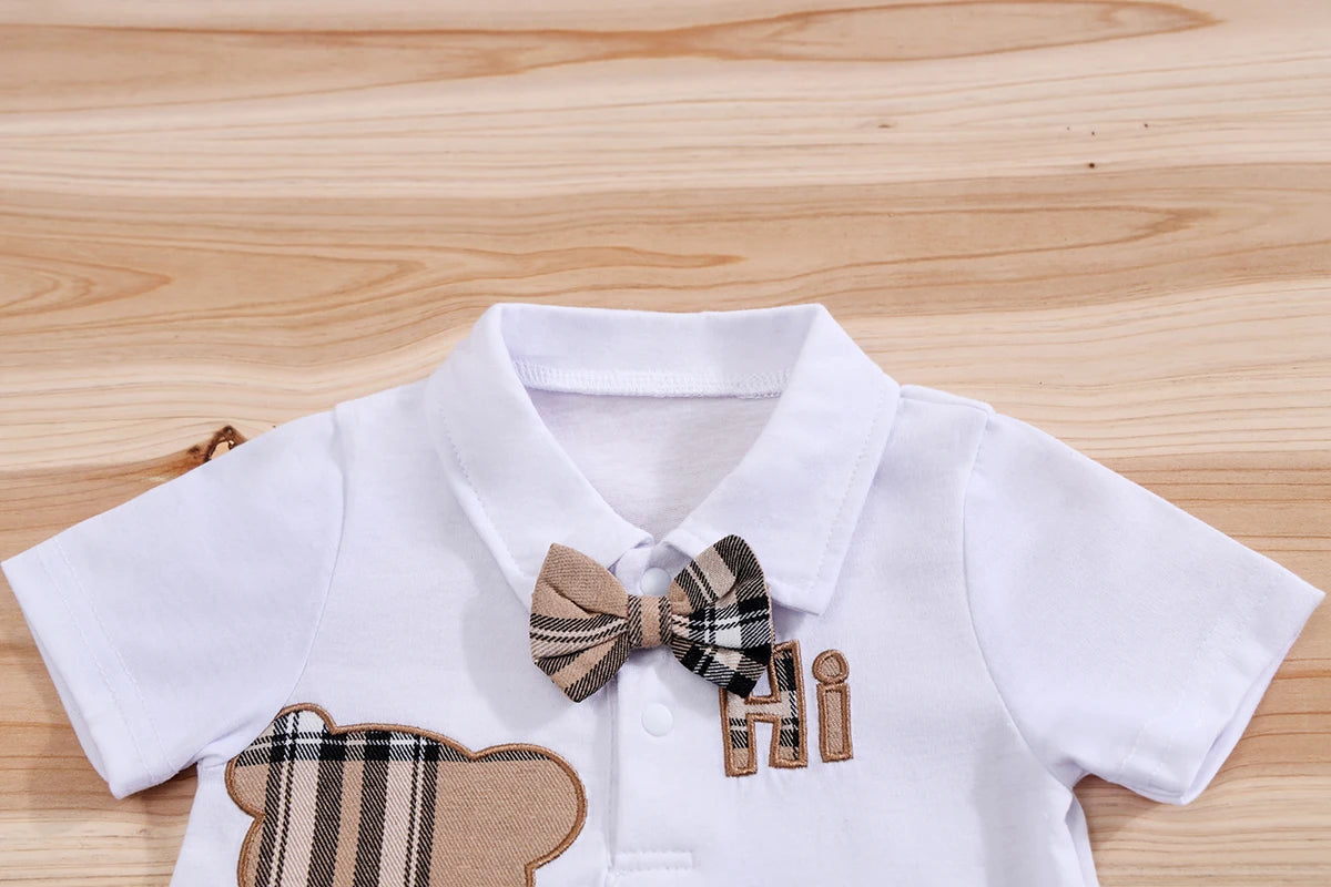2PCS IURNXB Baby Clothes Sets Short Sleeve Boys Infant Plaid Bear Bodysuit+Suspenders Trousers Set Overall Newborn Outfits 1-18M