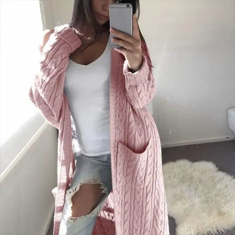 Women Knitted Cardigan Sweater Top Autumn Winter Vintage Fashion Loose Warm Long Sleeve Pocket Twisted Long Knitwear Outwear - AIAZ