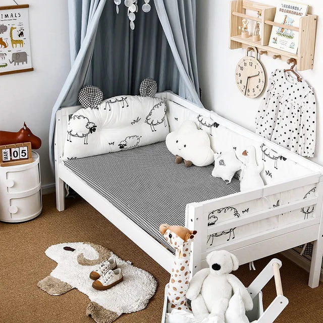 4Pcs Baby Bedding Set Cotton Cartoon Bear Head Crib Bed Protector Bumper Newborns Sheet Child Bed Baby Washable Cot Bedding Set