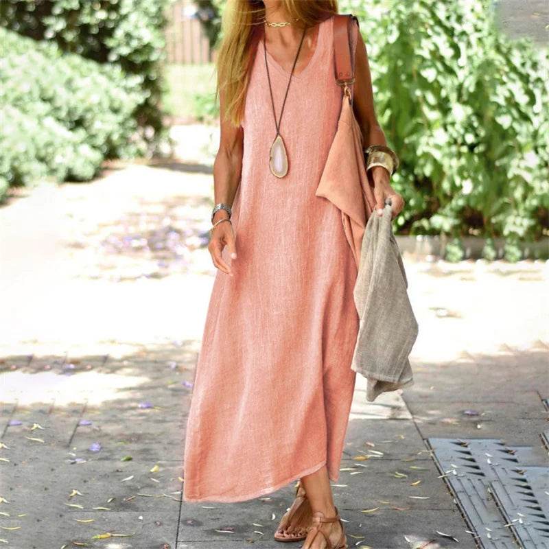 Women V Neck Pullover Cotton Linen Dresses Solid Color Loose Waist Dress Female Summer Daily Comfortable Casual Sleeveless Gown - AIAZ