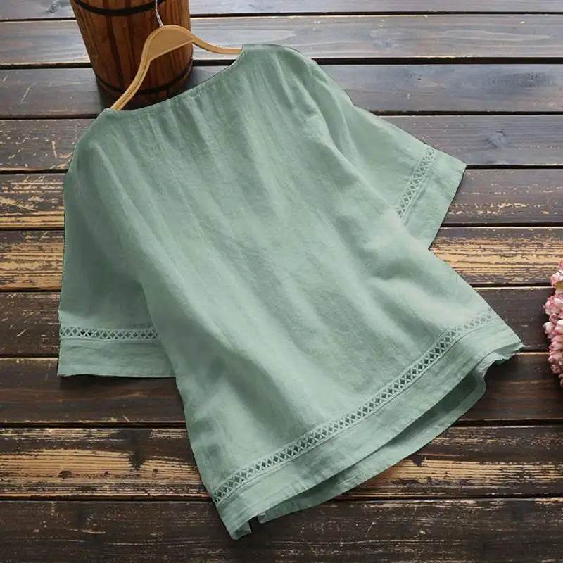 Fashion O-neck Short Sleeve White Lace Tops And Blouses Women 2024 Summer Loose Casual Cotton Linen Top Femme Blouse Shirt Woman - AIAZ