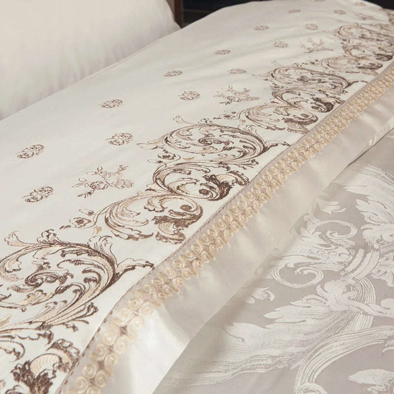 Sliver Gold Luxury Silk Satin Jacquard duvet cover bedding set queen king size Embroidery bed set bed sheet/Fitted sheet set