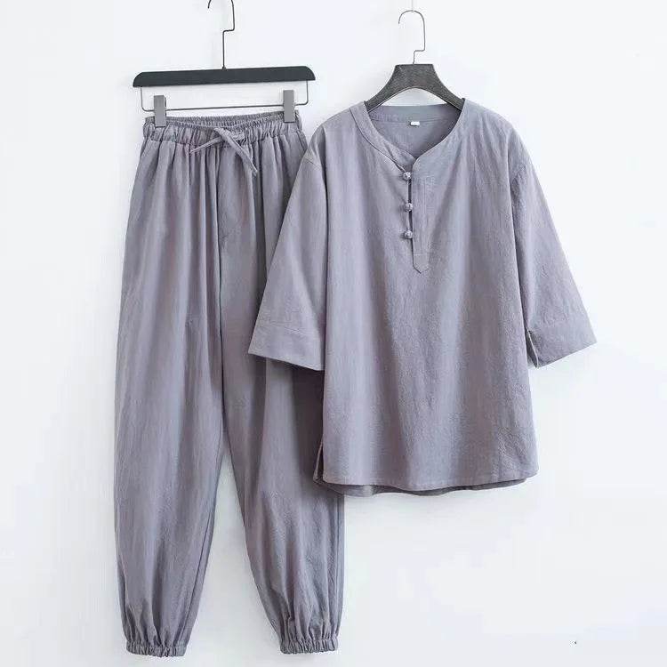 New Men's Cotton Linen Sets Chinese Style Solid Short Sleeve Pants Two Pieces Traditional Clothes Kung Fu Uniform Tang Suit Male - AIAZ