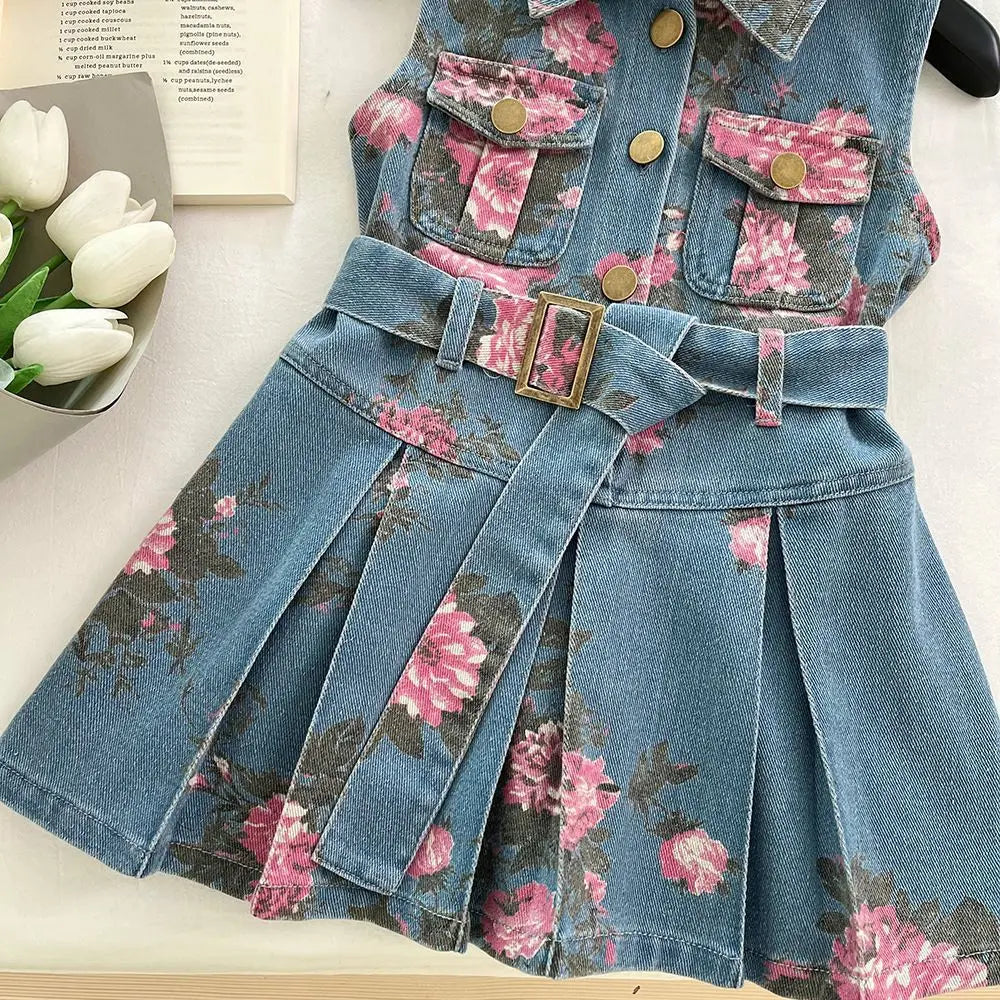 Bear Leader Summer New Korean Version Girls Clothes Lapel and Sleeveless Printed Denim Belt Dress Casual Easter toddler dresses