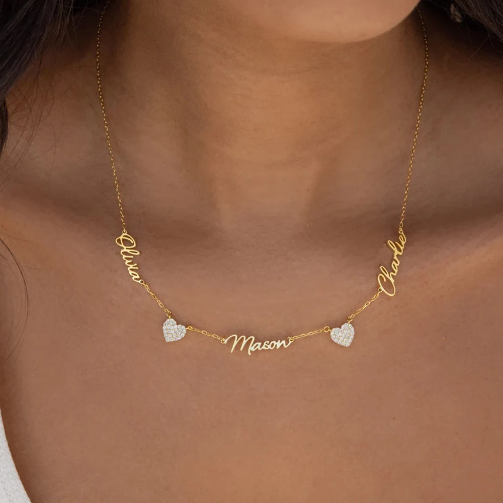 Haiyufly Custom Multiple Name Zircon Heart Necklace for Women Stainless Steel Jewelry Choker Chain Mother Kids Personalized Gift