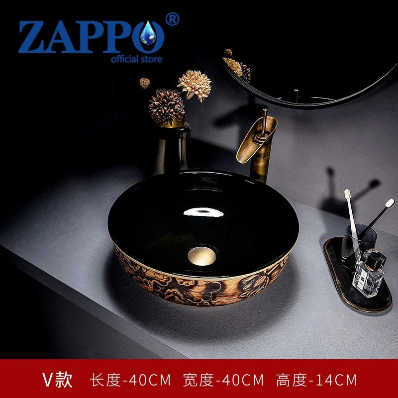 ZAPPO Round Vessel Sink with Faucet Drain JinDezhen Ceramic Vessel Sinks Oval Bathroom Sink Bowl Above Counter with Mixer Tap