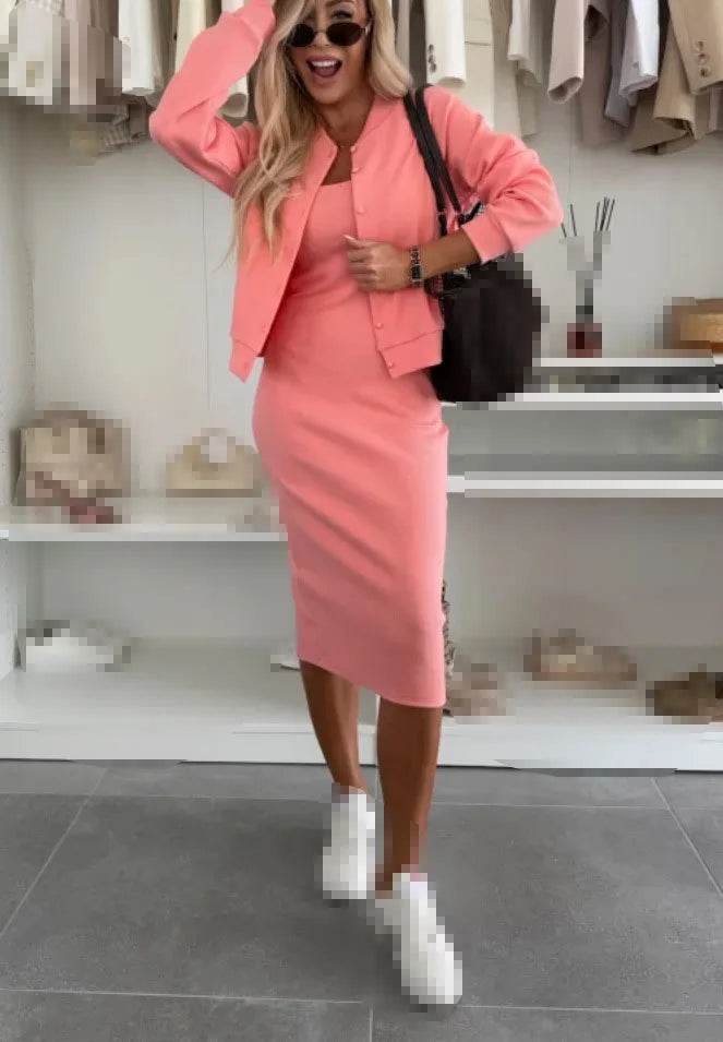 Women Fashion Solid Dress Set Spring Autumn With Cover-Up Slim 2-Piece Suit Split Hem High Waist Cardigan Ladies Set Outfit - AIAZ