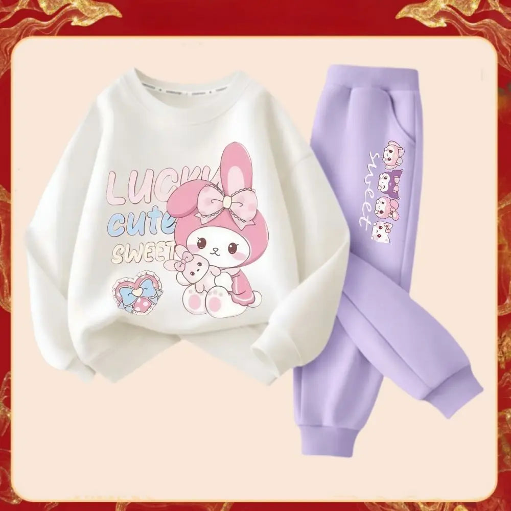 Spring Autumn Children's Sanrio Melody Print Clothes Sets Kids Kawaii Sweatershirts Pullover Tops & Pants 2Pcs Outfit Tracksuit
