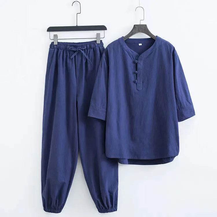 New Men's Cotton Linen Sets Chinese Style Solid Short Sleeve Pants Two Pieces Traditional Clothes Kung Fu Uniform Tang Suit Male - AIAZ