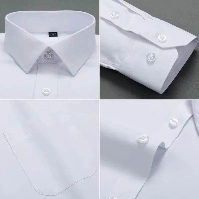 Men Formal Shirt Long Sleeve Office Solid Color Anti-Wrinkle Fashion Business Pocket White Social Pocket Shirts 5XL 6XL 7XL - AIAZ