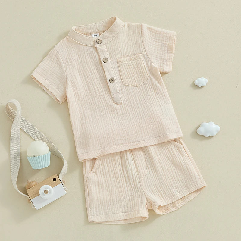 Suefunskry Toddler Boys Summer 2Pcs Casual Outfits Solid Color Short Sleeve Button Tops and Elastic Waist Shorts Sets 6M-4Y