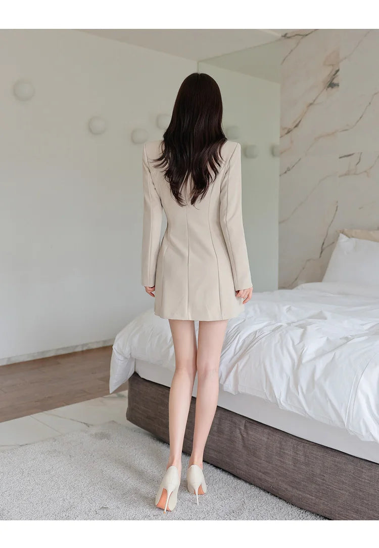 H Han Queen Autumn Winter Dresses Korean Lace-Up Professional Jacket Vestido Elegant Fashion Slim Office Party Casual Dress