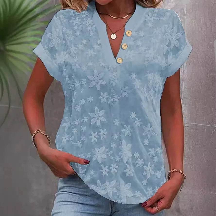 Women Shirt Pullover Solid Blouses Spliced V Neck Shirts Casual Summer 2024 Loose Fit Slight Strech Button Basics Embroidery - AIAZ