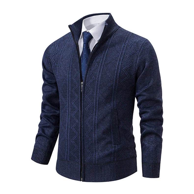 Thickened jacket men's autumn and winter warm trend line stand collar knitted cardigan sweater coat - AIAZ