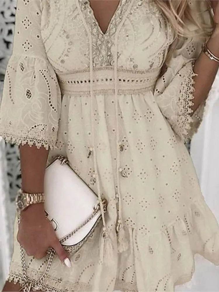 Elegant Women White Hollow Lace Mini Dress Summer V-neck Patchwork Lace Up Three Quarter Sleeve Ladies Vacation Beach Dresses - AIAZ