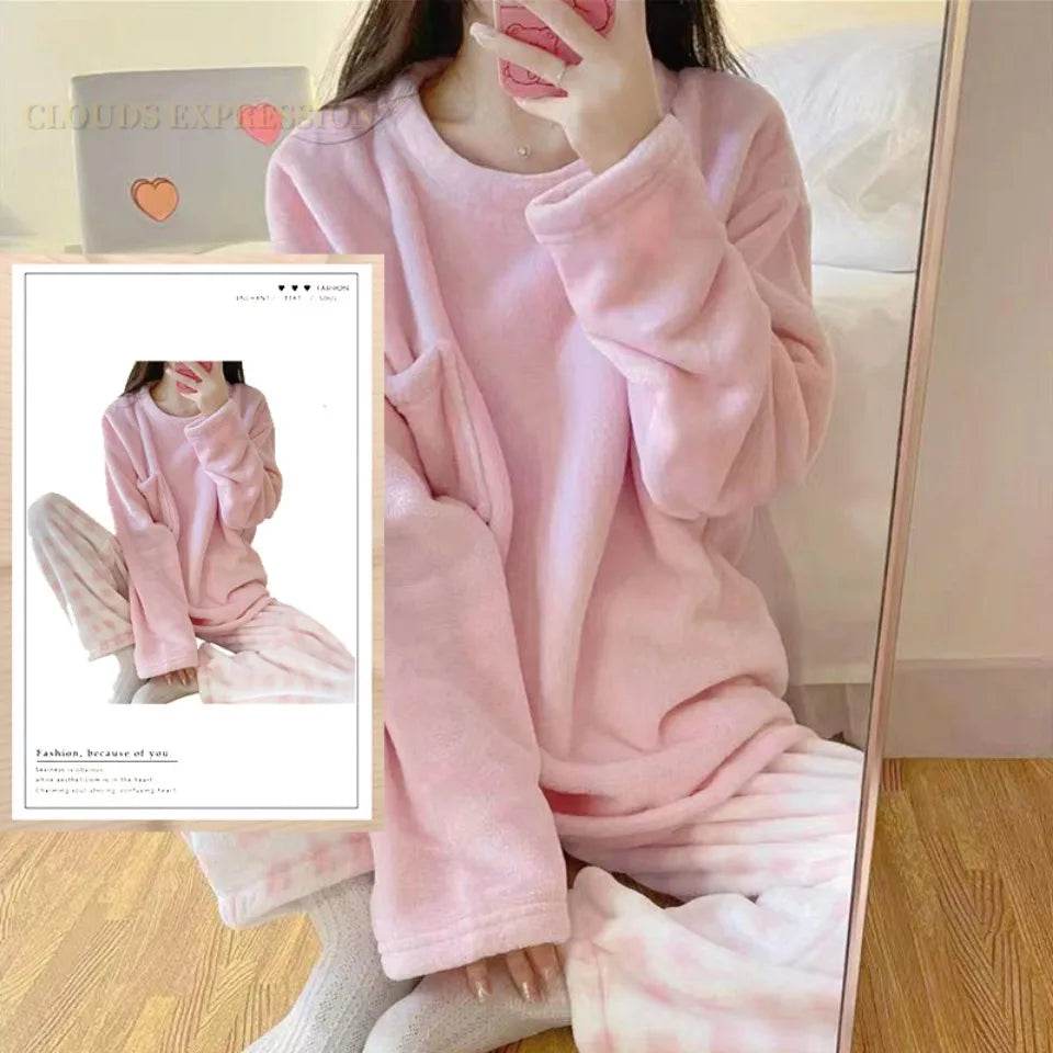 Autumn Winter Flannel Women's Pajamas Sets Polka Dots Printed Teddy Sleepwear Velvet Homewear Kawaii Girsl Pijamas Mujer Pyjama - AIAZ