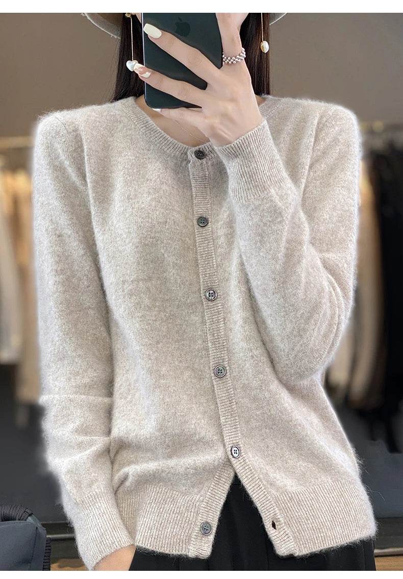 Women's Cardigan 100% Mink Cashmere Sweater,O-Neck Long Sleeve Top,Plus-Size Loose,Spring and Autumn Soft Knitted Jacket Female - AIAZ