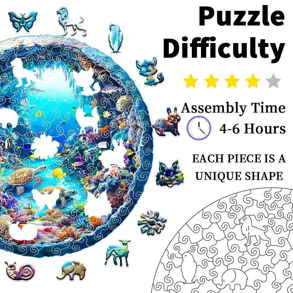 Ocean Wonders Wooden Puzzle - Unique Shape Animal Puzzle, Adult Relaxation Gift, Exquisite Boxed Set with Decorative Artworks - AIAZ
