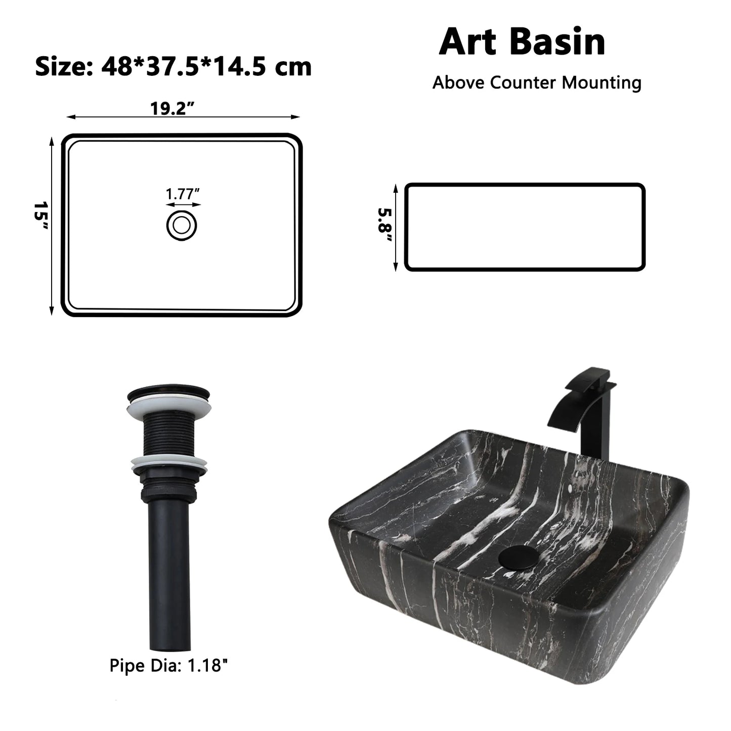 JIENI Bathroom Marble Style Vessel Sink Set Square Ceramic Basin Bowl Sink Black Faucets High-end European Modern Washbasin