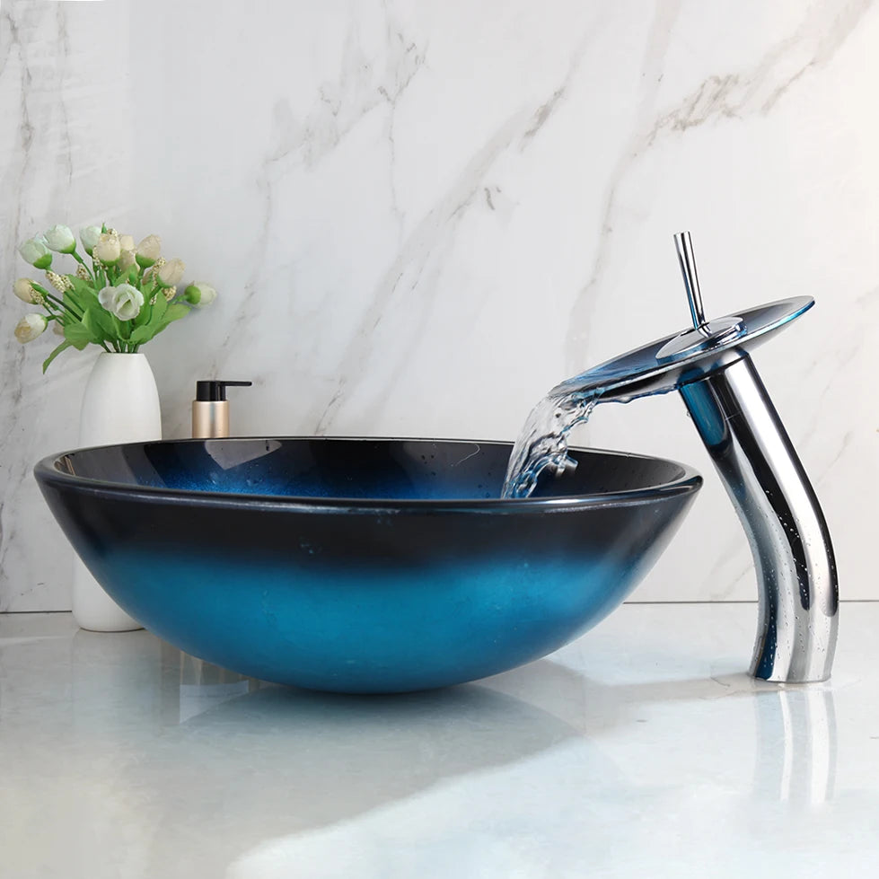 ZAPPO Tempered Glass Bathroom Vessel Sink with Waterfall Black Faucet Tap Bathroom Oval Blue Vessel Sinks Above Counter Basin