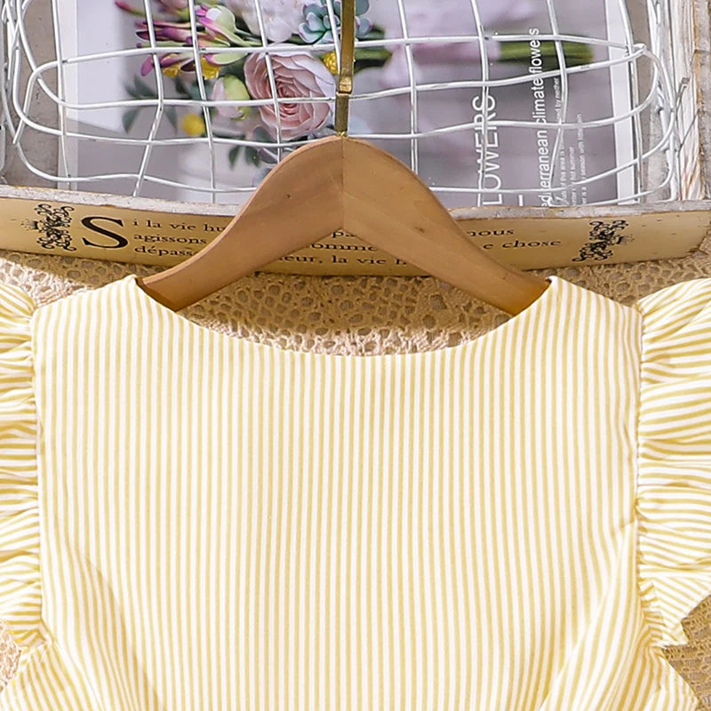 Girl Dress Summer New Light Blue Stripe Ruffled Sleeveless V-Neck Dress Elegant Cute Daily Casual Vacation Preppy Style Outifits