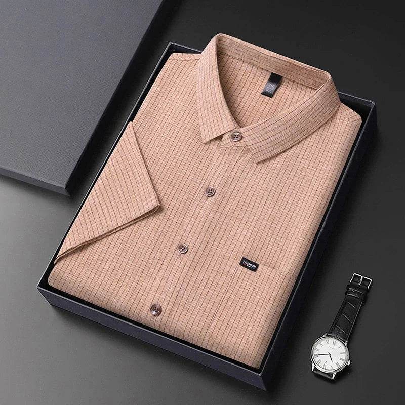 2025 Men's Business Casual Plaid Linen Short Sleeved Shirt Comfortable Top - AIAZ