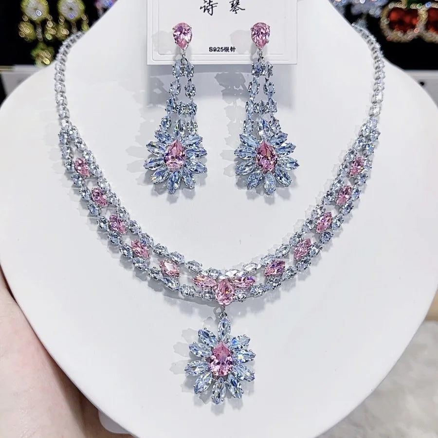 Women's Fashion Luxury Zirconia Crystal Pink Necklace Earrings Set Bracelet Jewelry Set Bridal Wedding Banquet Party Holiday