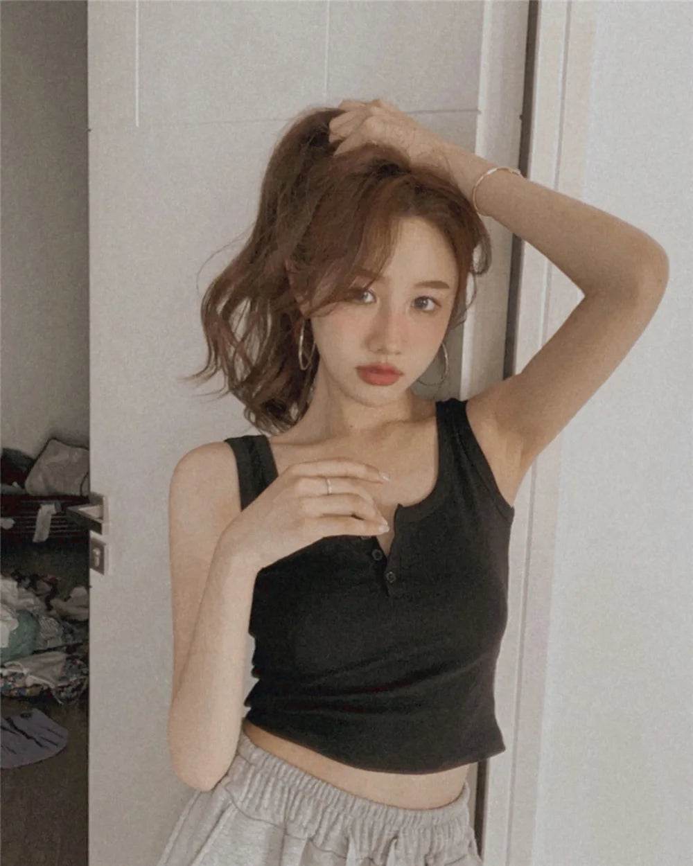 Tank Top for Women Ribbed Button Down Sleeveless Blouse Solid Color Casual Women's Teens Trendy Basic Summer Dresses - AIAZ