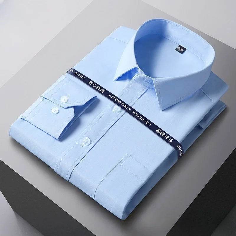 Men Formal Shirt Long Sleeve Office Solid Color Anti-Wrinkle Fashion Business Pocket White Social Pocket Shirts 5XL 6XL 7XL - AIAZ