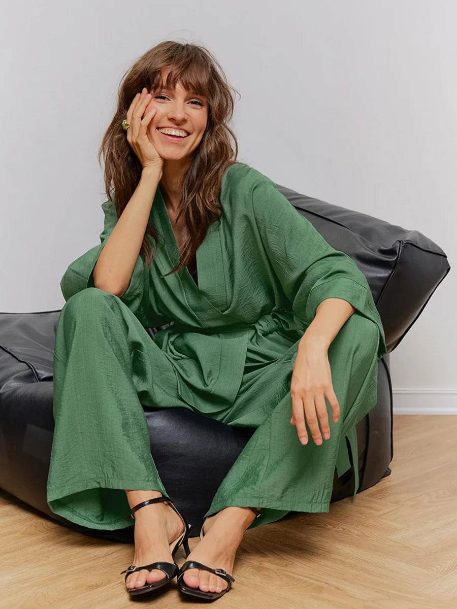 Mozuleva Women's Long Sleeved Pajama Set New Autumn Green Lace Up Pajamas Loose Pants Leisure Home Clothing 2-piece Set - AIAZ